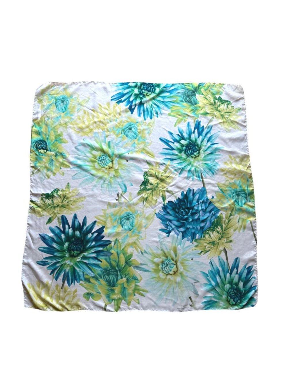 Echo Women's Square Scarf Dreaming Of Dahlias Satin Floral Blue Yellow 35"x35"